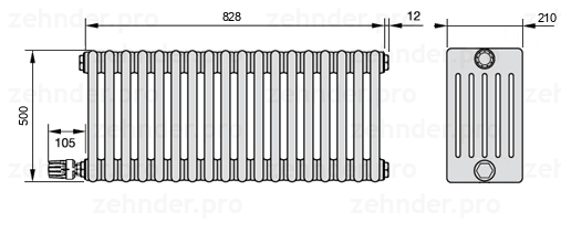 Схема (чертеж) Радиатор Zehnder Charleston 6050/18 №V003 Белый глянцевый RAL 9016